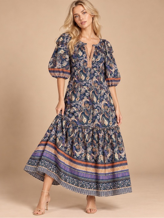 Current Air Dresses & Skirts - Current Air Los Angeles Paisley Midi Dress Medium Boho Puff Sleeve Tiered Dress